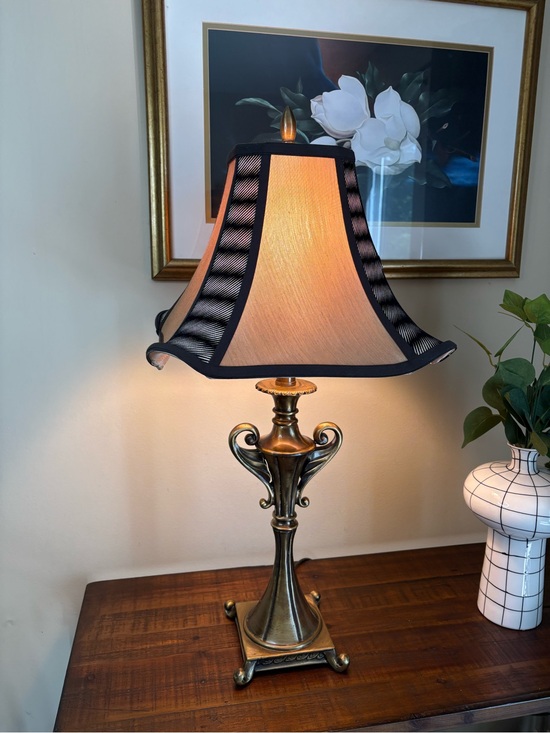 Other - Vintage Lamp Featuring Brass Finish And Unique Geometric-Patterned Lamp Shade